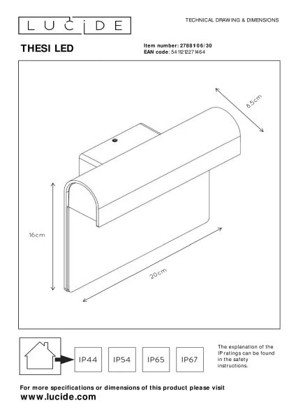 Lucide THESI LED - Lámpara de pared Dentro/Fuera - LED - 1x8W 3000K - IP54 - Negro - técnico